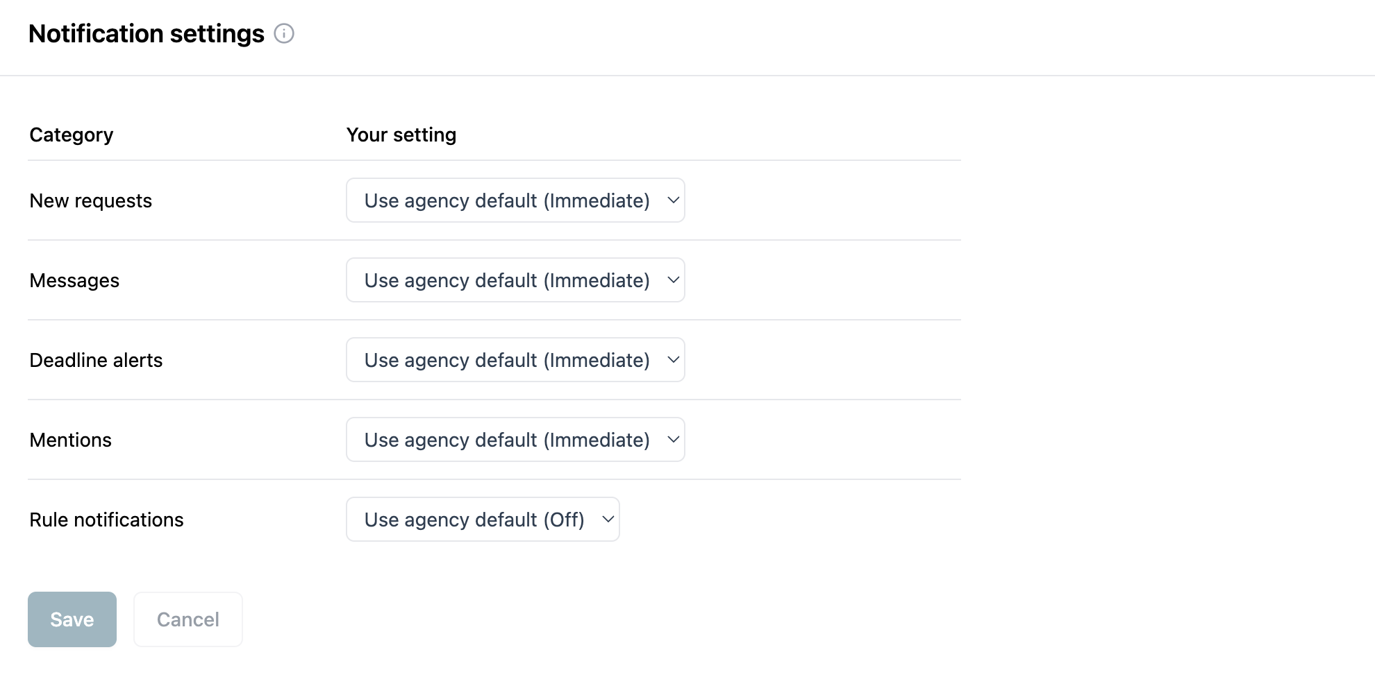 Notification settings with categories and options for managing alerts and messages.